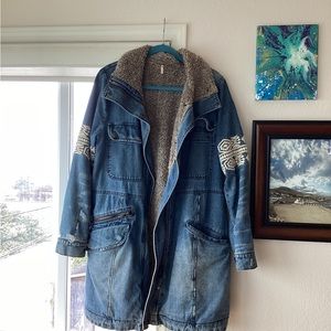 Free People Sherpa lined Coat. Distressed denim
